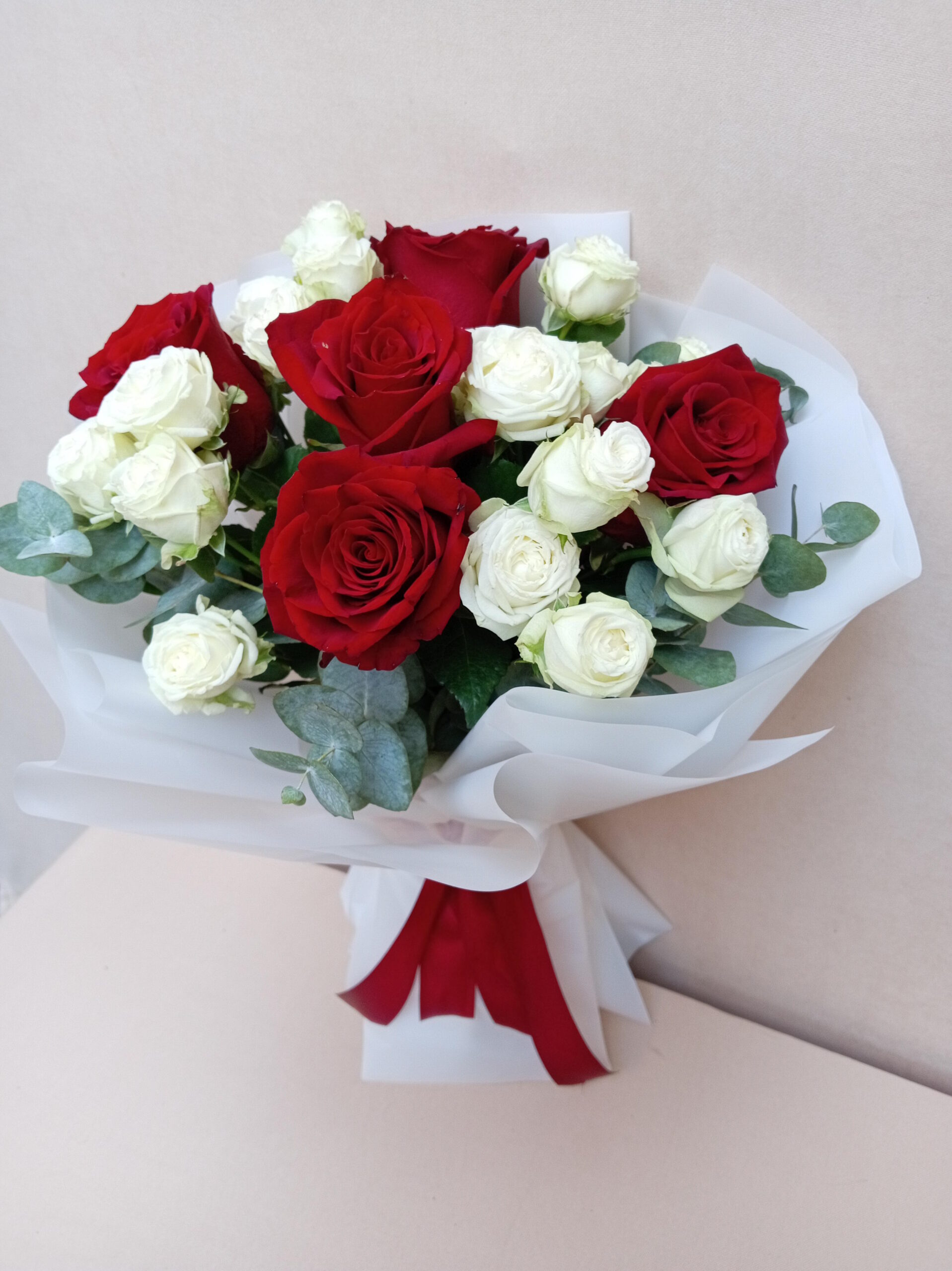 5 Red Roses & White Spray Roses with Eucalyptus - Image 4