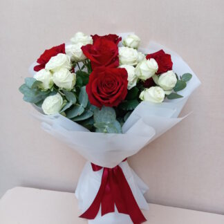 5 Red Roses & White Spray Roses with Eucalyptus