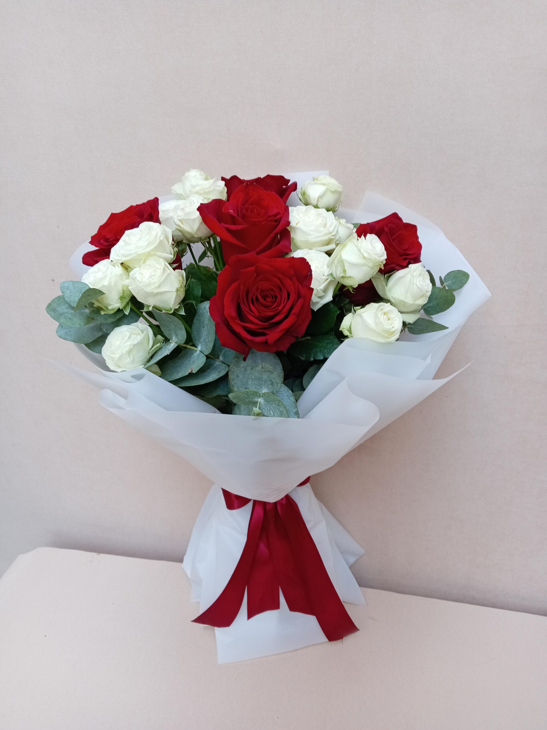 5 Red Roses & White Spray Roses with Eucalyptus