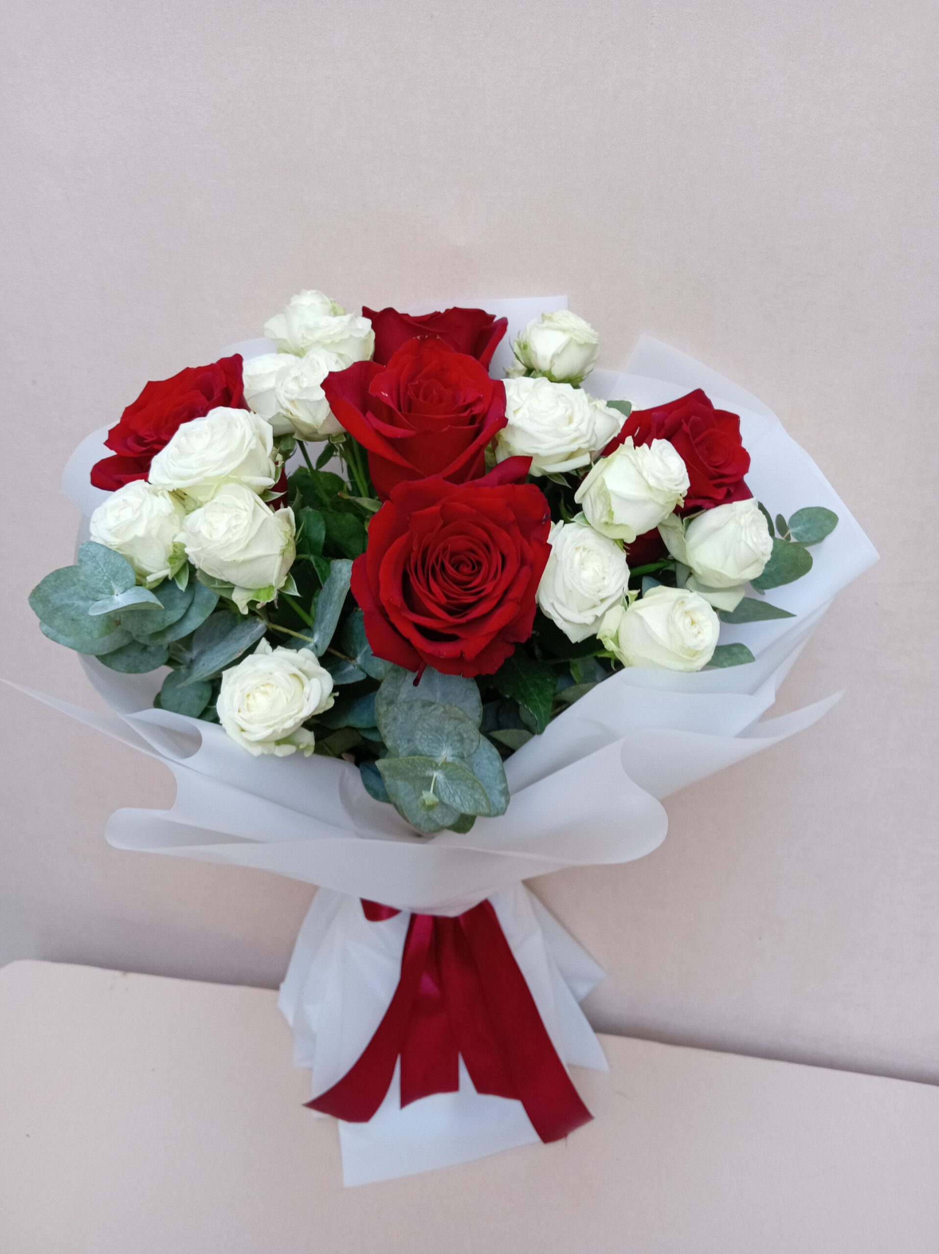 5 Red Roses & White Spray Roses with Eucalyptus - Image 2