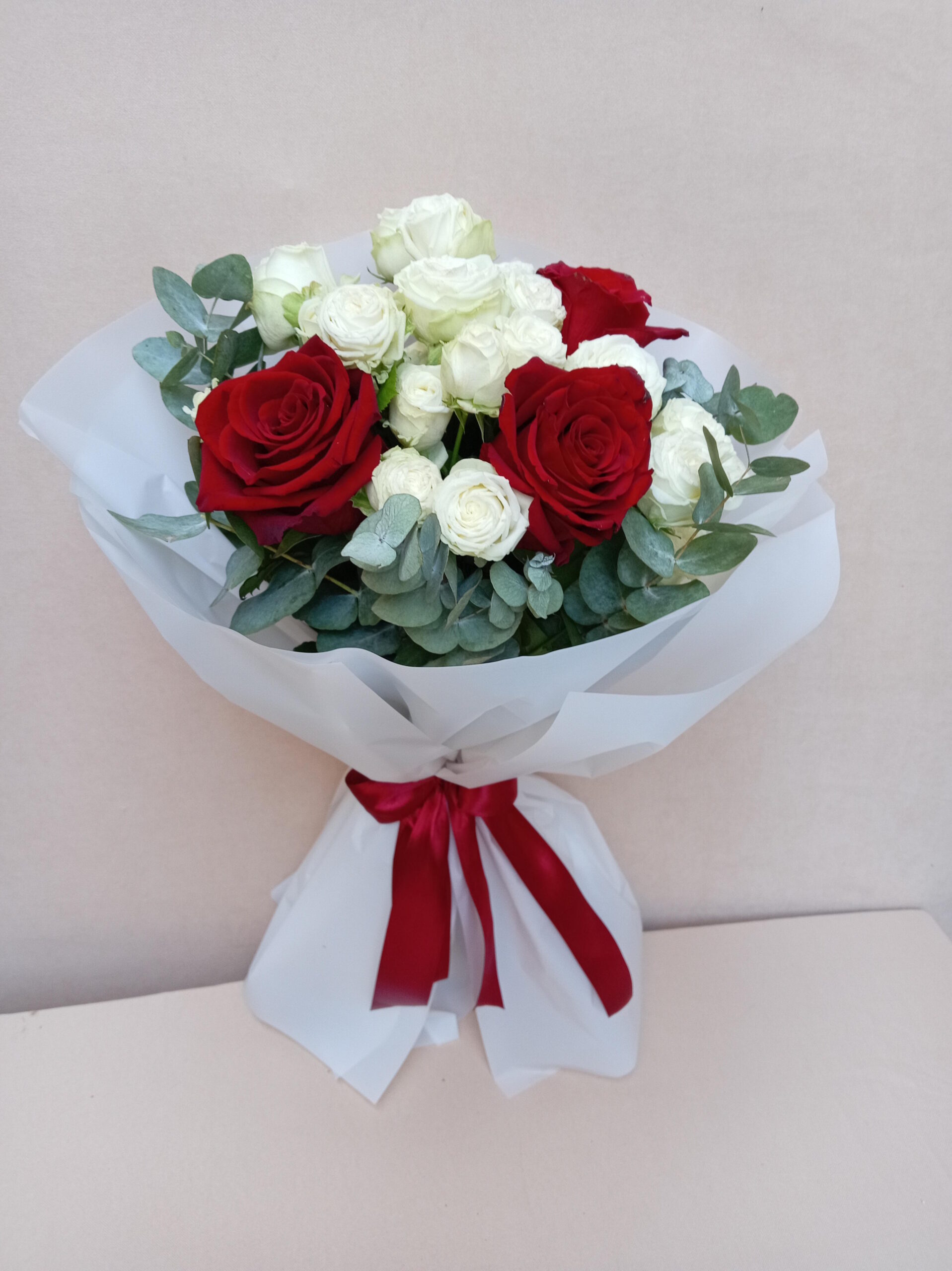 Bouquet: 3 Red Roses & White Spray Roses with Eucalyptus - Image 3
