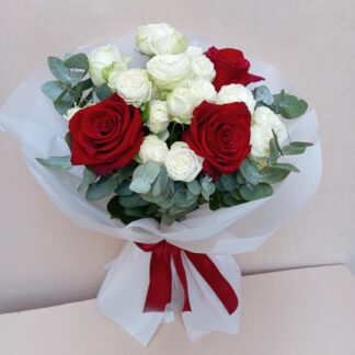 Bouquet: 3 Red Roses & White Spray Roses with Eucalyptus