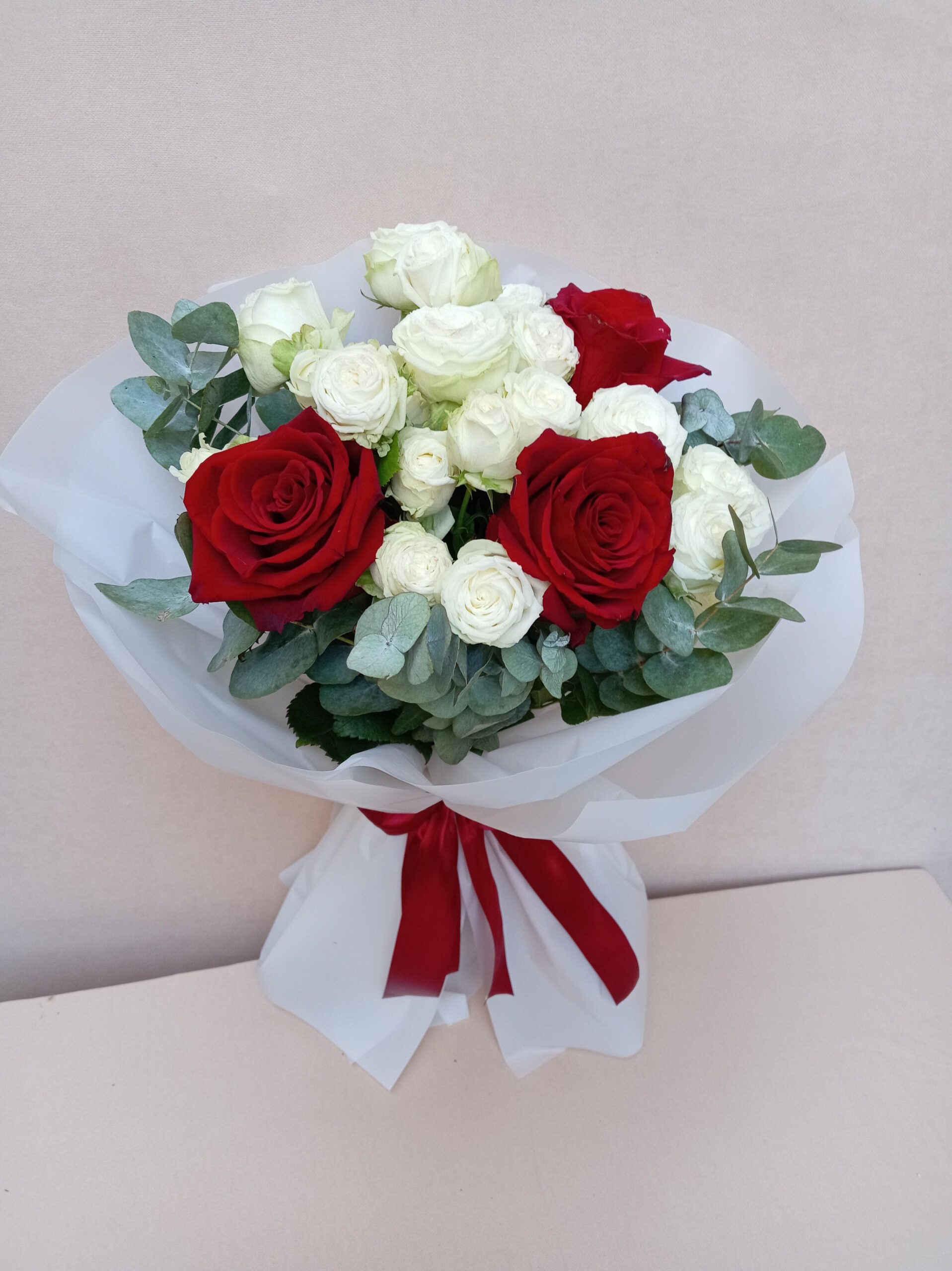 Bouquet: 3 Red Roses & White Spray Roses with Eucalyptus