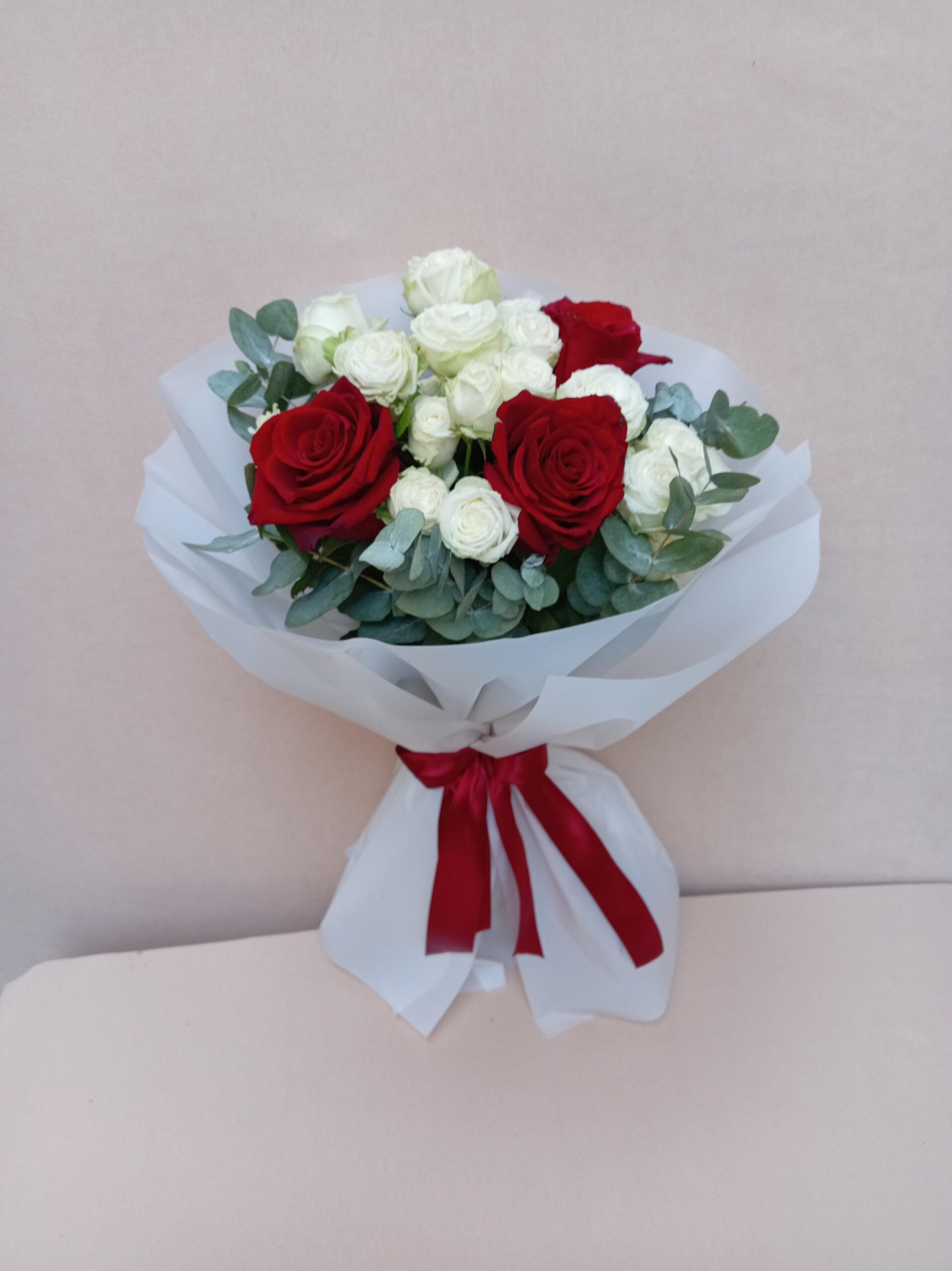 Bouquet of 3 red roses and white spray roses with eucalyptus by Lspark